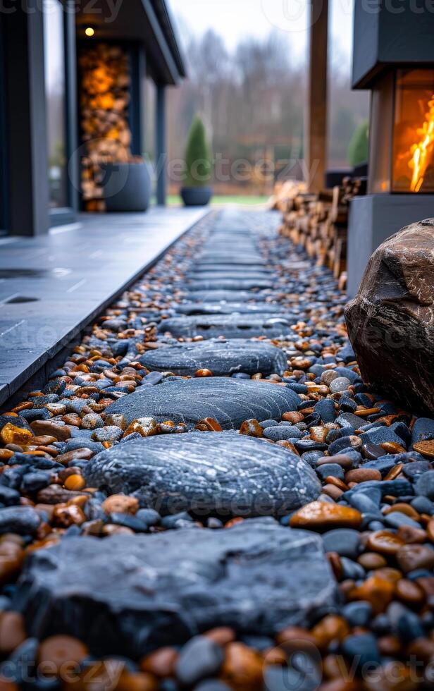 A stone walkway with a fire pit in the background. The walkway is made of rocks and has a rustic feel to it photo