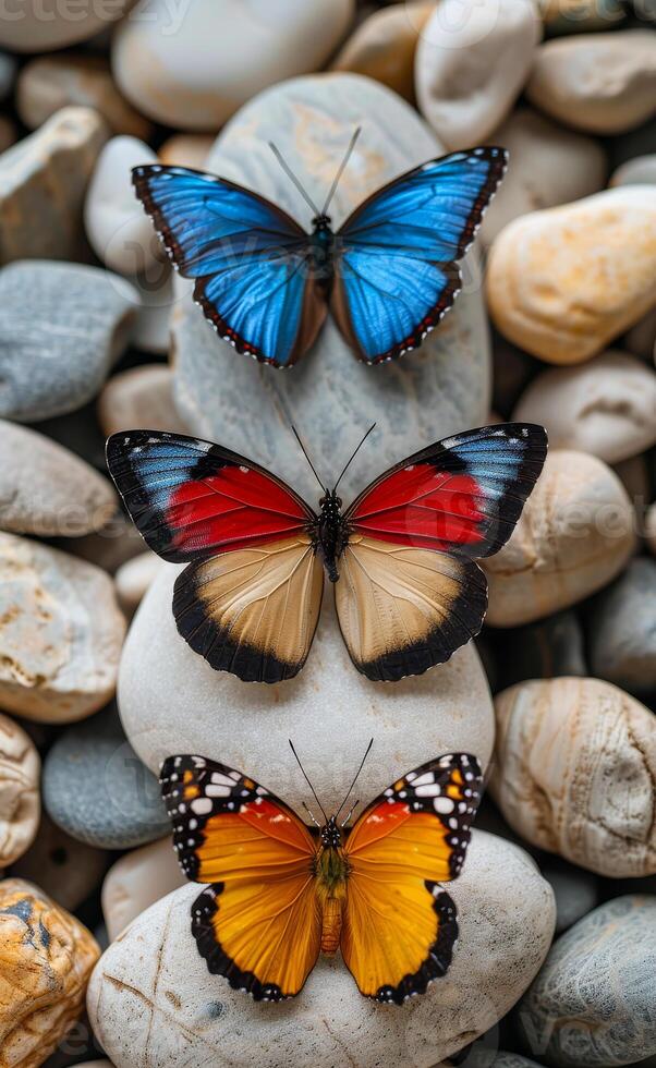 Three butterflies are sitting on a rock. The butterflies are of different colors photo