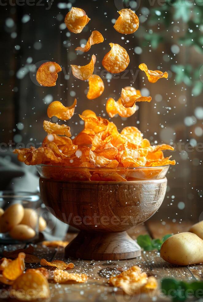 A bowl of potato chips is flying through the air. The chips are orange and scattered all over the table photo