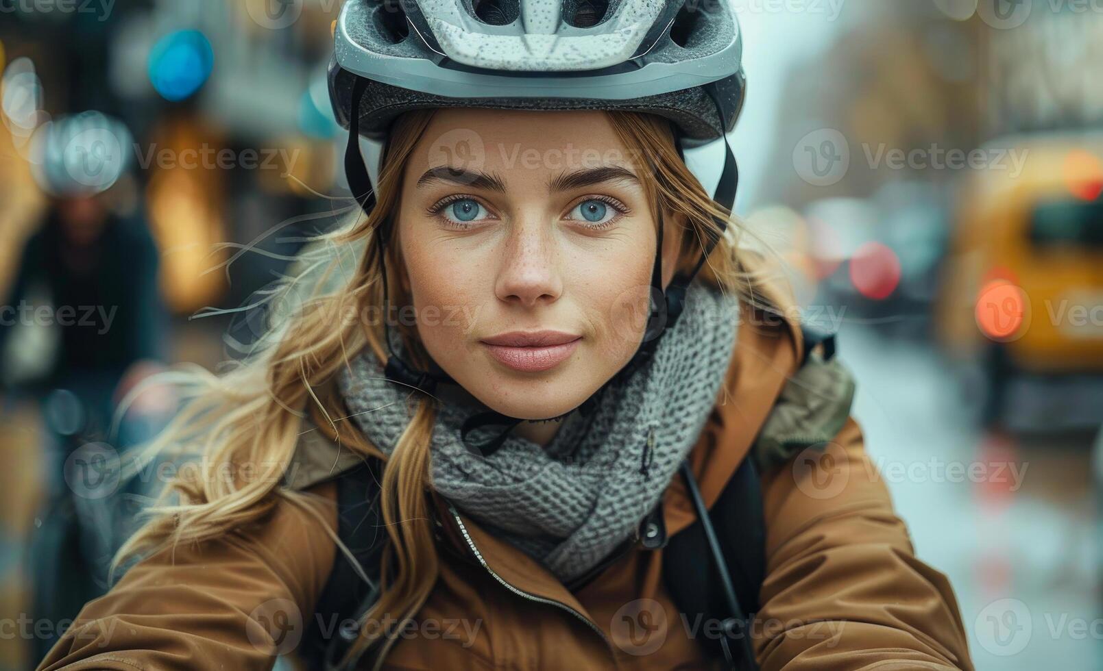 A woman wearing a helmet and scarf is standing in the rain photo