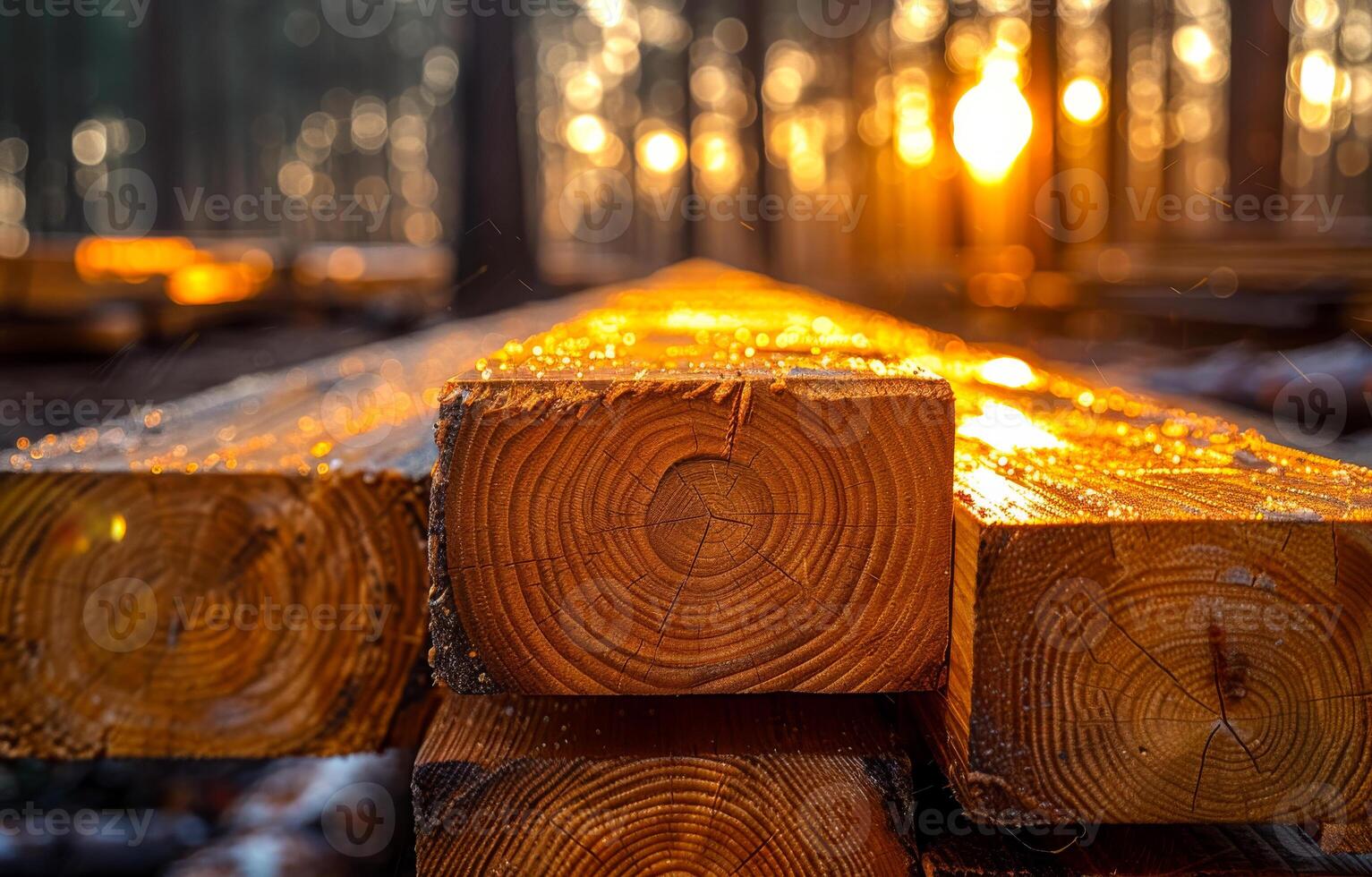 A stack of wood logs with a sun shining on them photo
