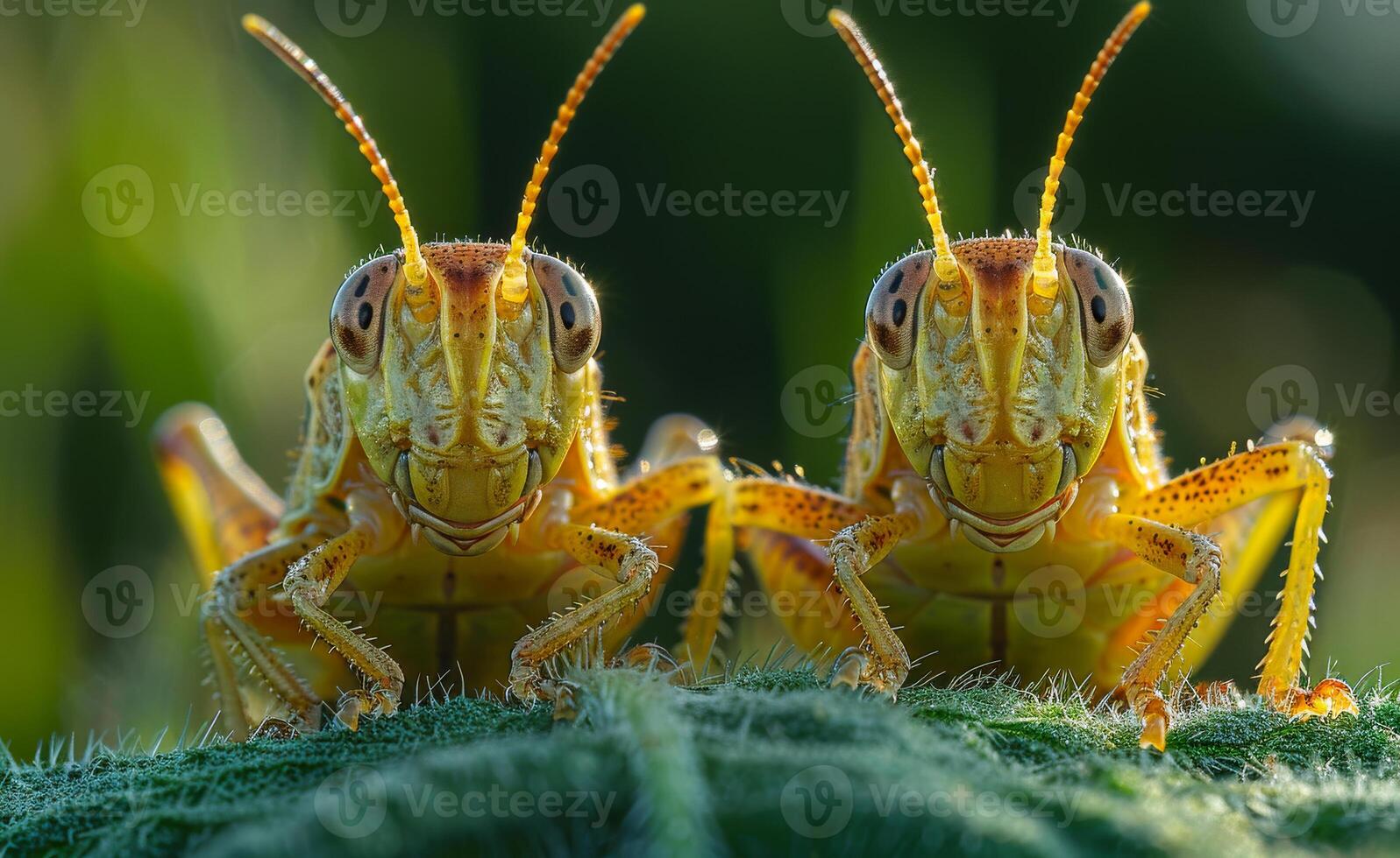 Two grasshoppers are standing on a leaf, looking at the camera photo