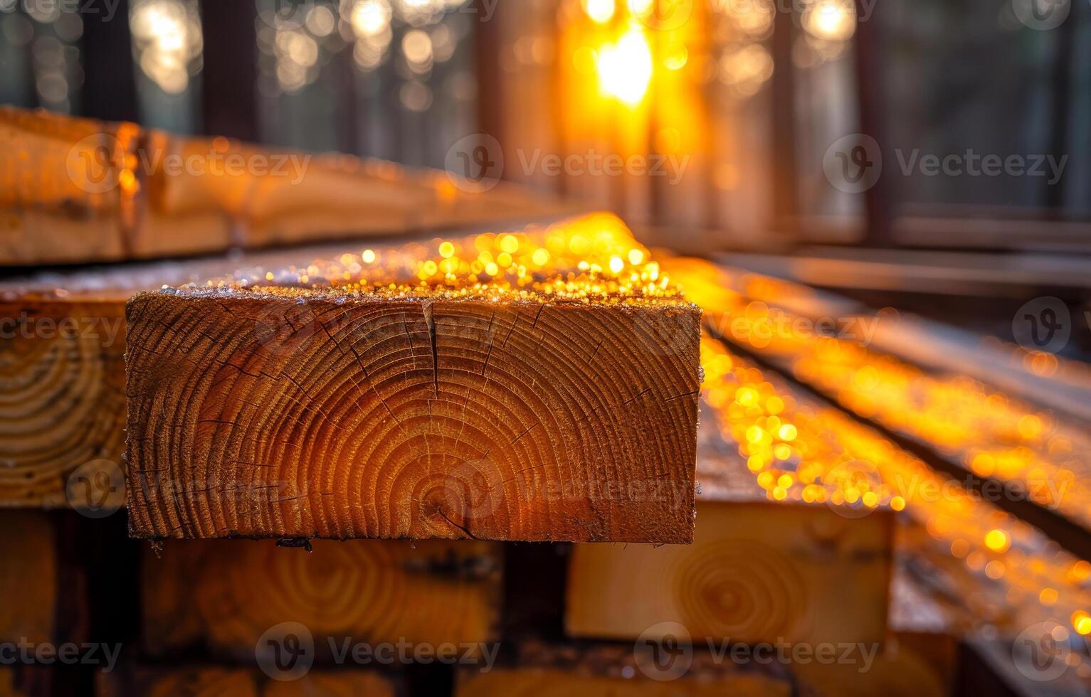 A stack of wood with a sun shining on it. The sun is casting a warm glow on the wood, making it look inviting and cozy photo