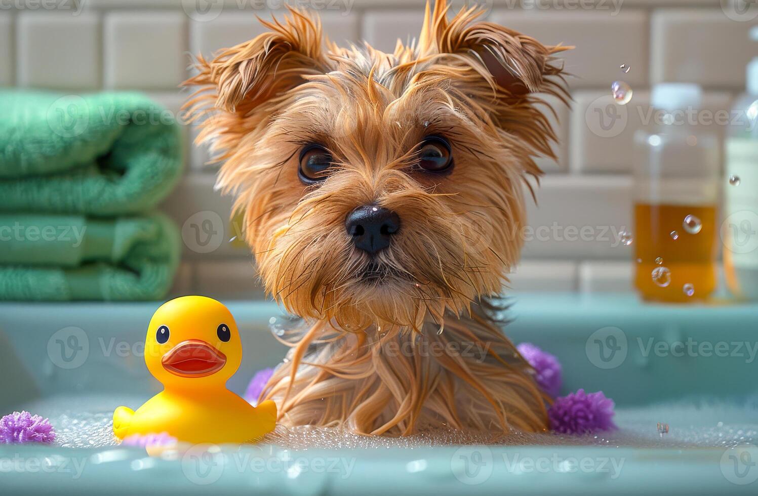 A dog is in a bathtub with a rubber duck photo