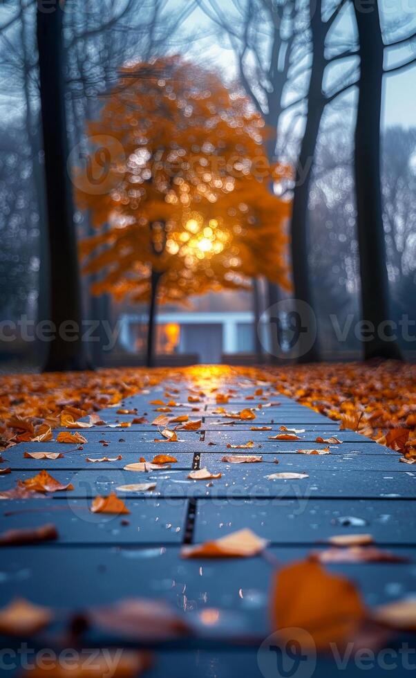 A path in a forest with a tree in the background photo