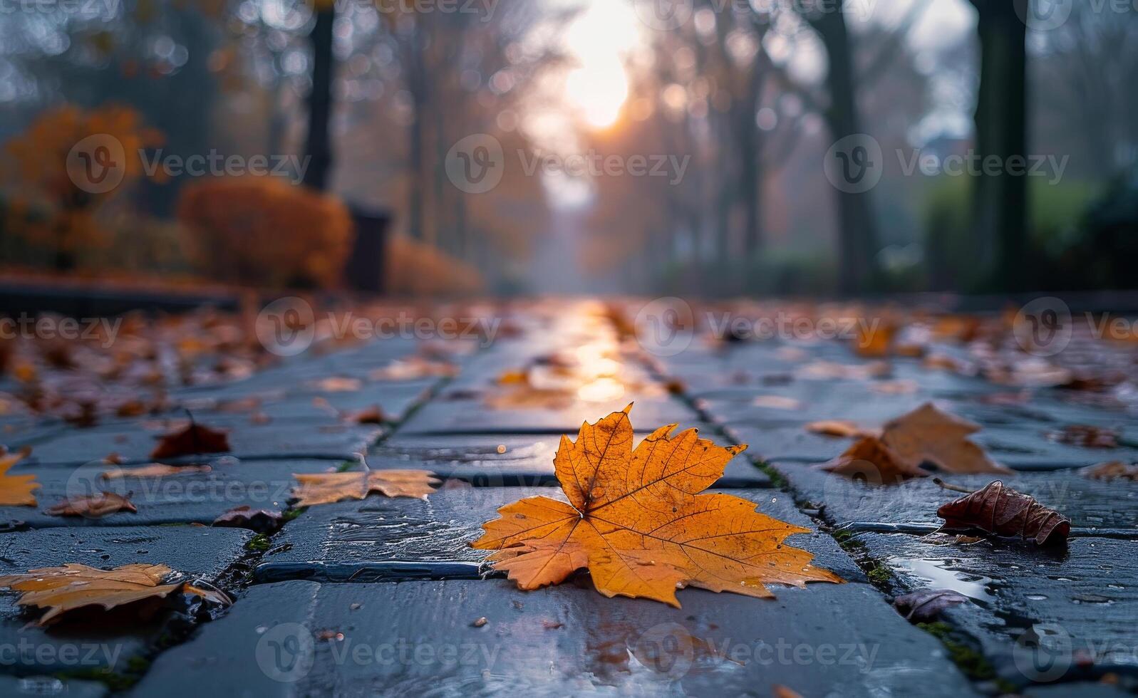 A leaf is on the ground in front of a brick walkway photo