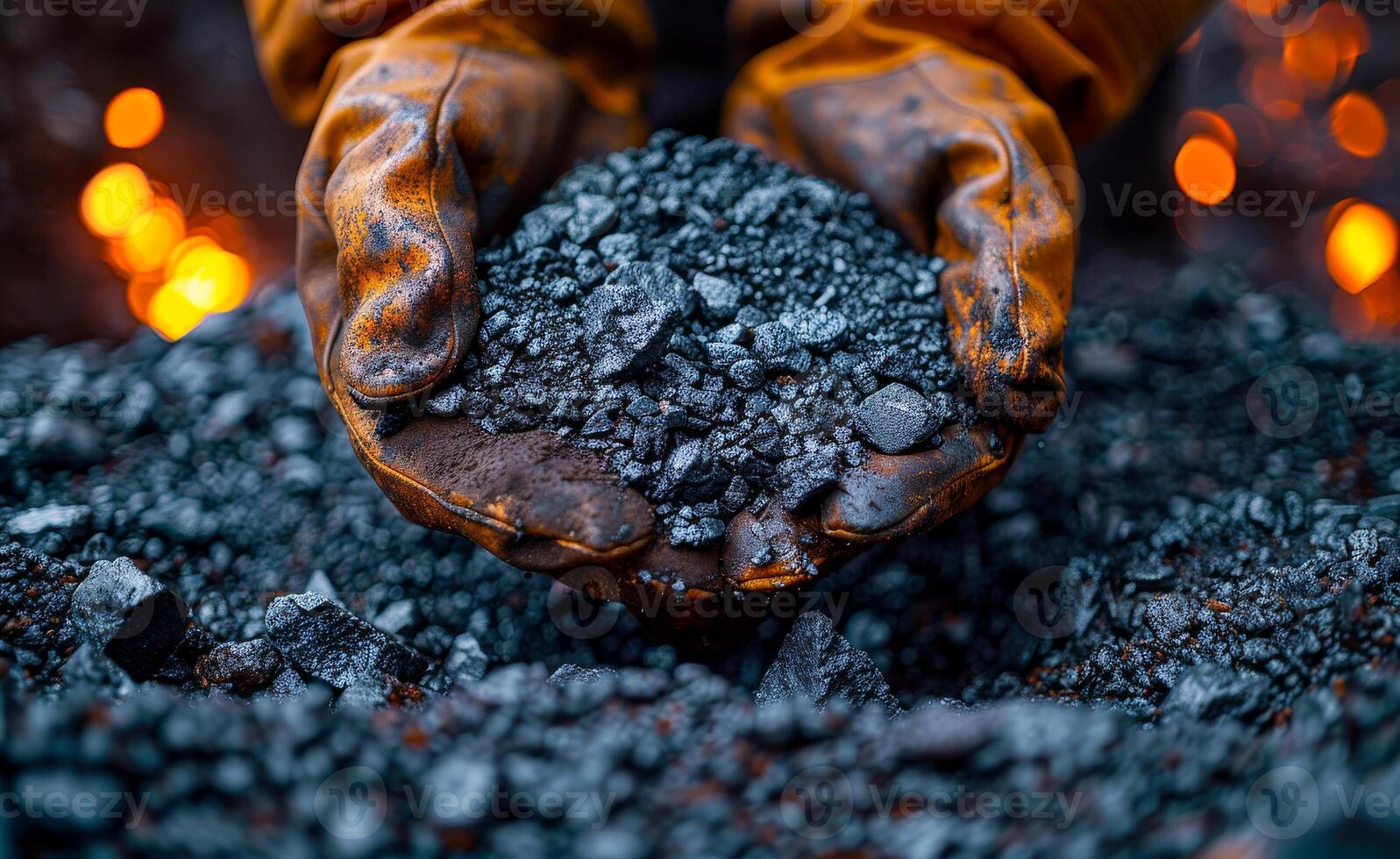 A person is holding a pile of coal in their hands. The scene has a somber and heavy mood, as the coal is often associated with pollution photo