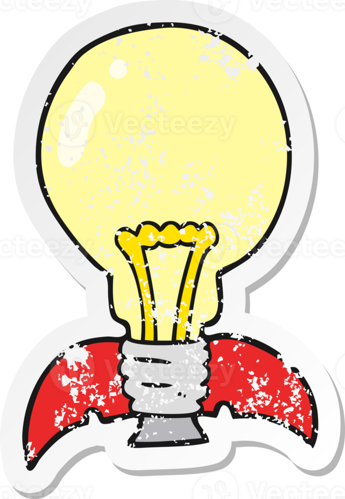 retro distressed sticker of a cartoon lightbulb rocket ship drawing png