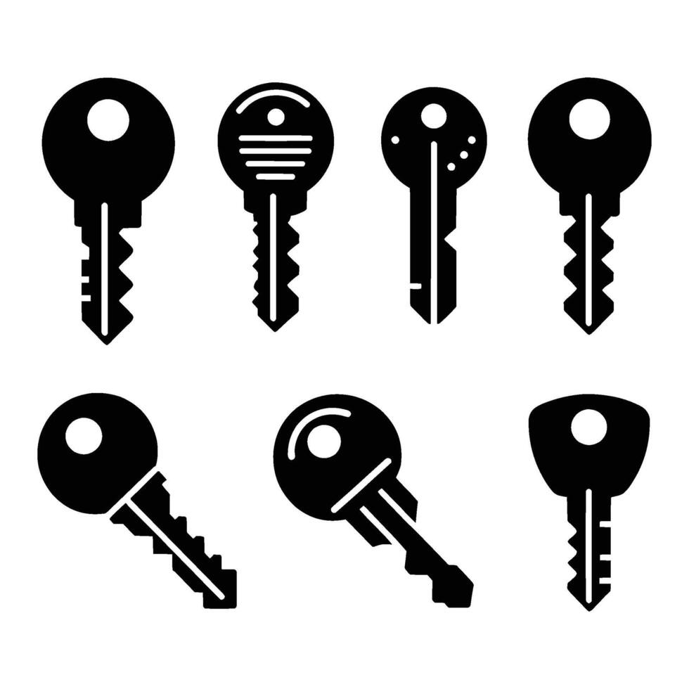 Different modern and antique key silhouettes flat illustration isolated on white background vector