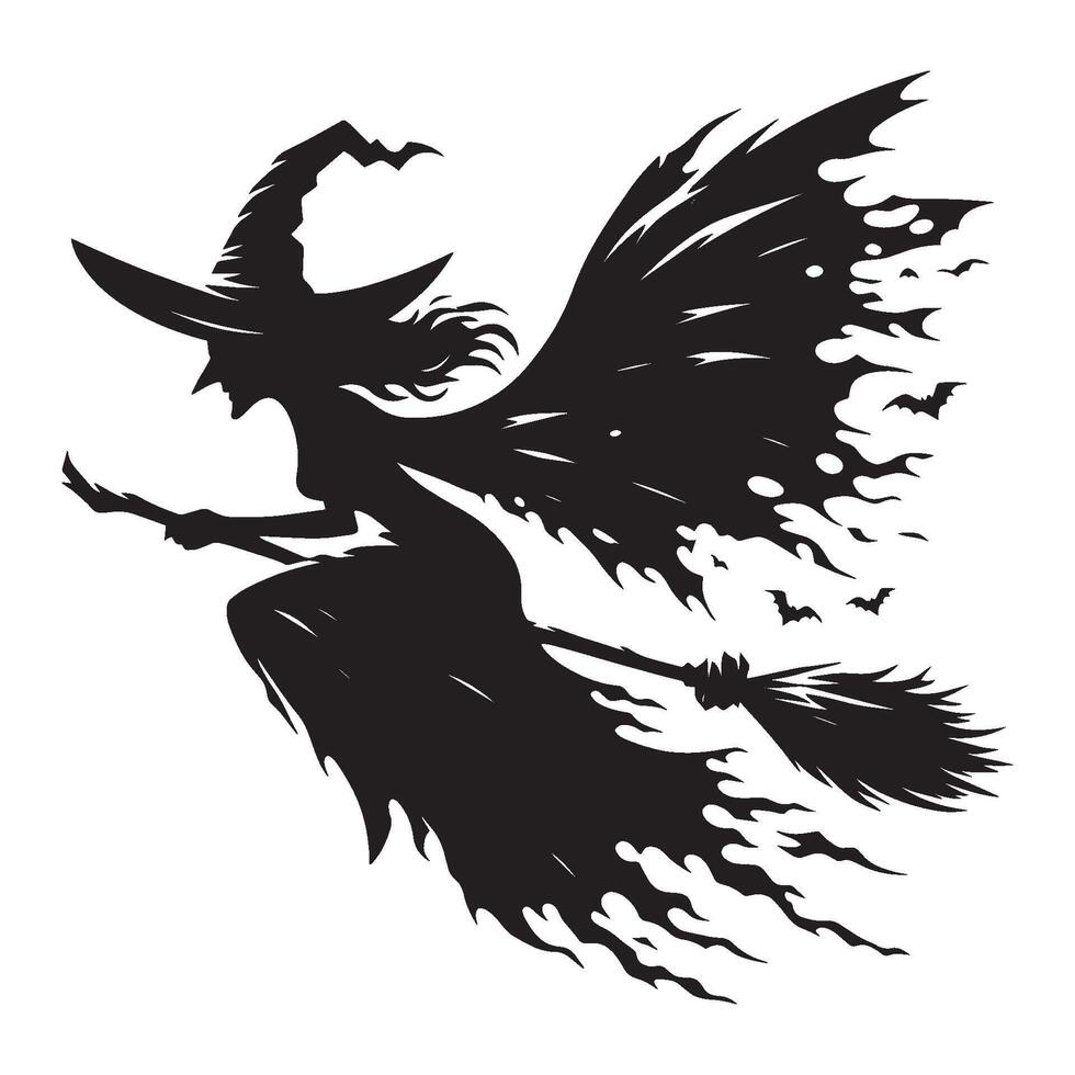 Halloween witch silhouette with broomstick, hats and magic pot illustration isolated on white background vector