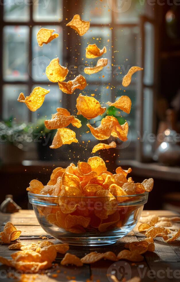 A bowl of chips is flying through the air. The bowl is full of chips and the chips are scattered all over the table photo