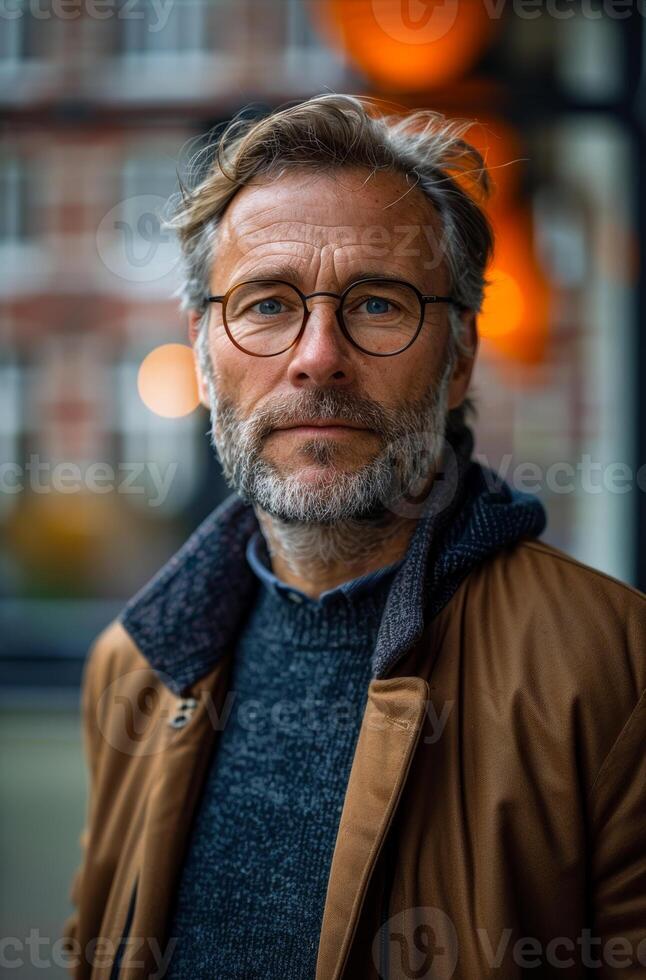 A man with glasses and a beard is standing in front of a building photo