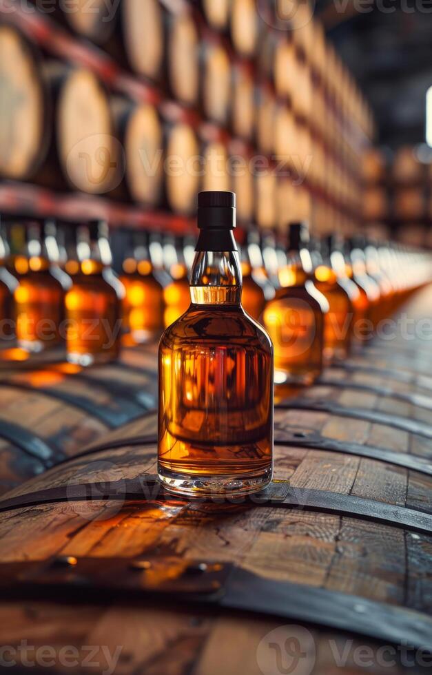 A row of liquor bottles are lined up on a wooden shelf. The scene gives off a warm and inviting atmosphere photo