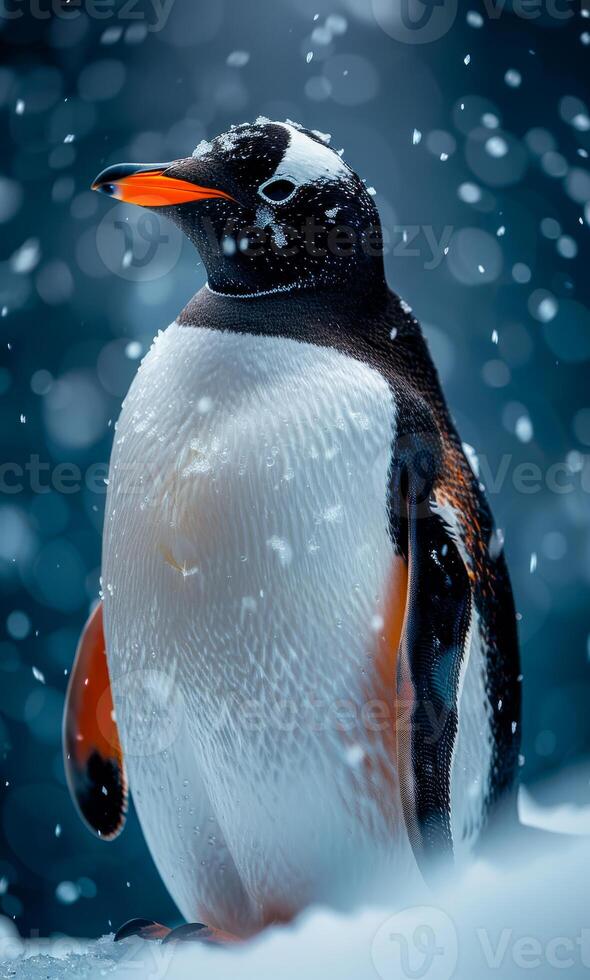 A penguin is standing in the snow with its head tilted to the side. The image has a calm and peaceful mood, as the penguin appears to be enjoying the snowy environment photo