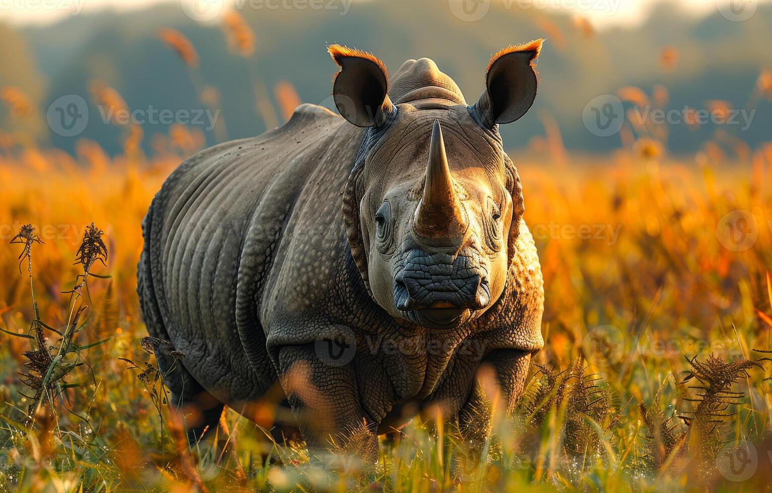 A rhino is standing in a field of tall grass. The rhino is looking at the camera, and the grass is yellow and brown photo