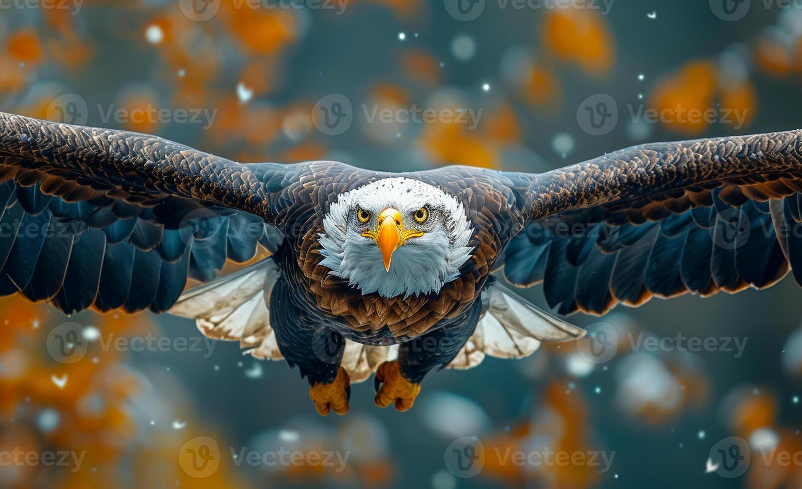 A bald eagle is flying through the air with its wings spread wide photo
