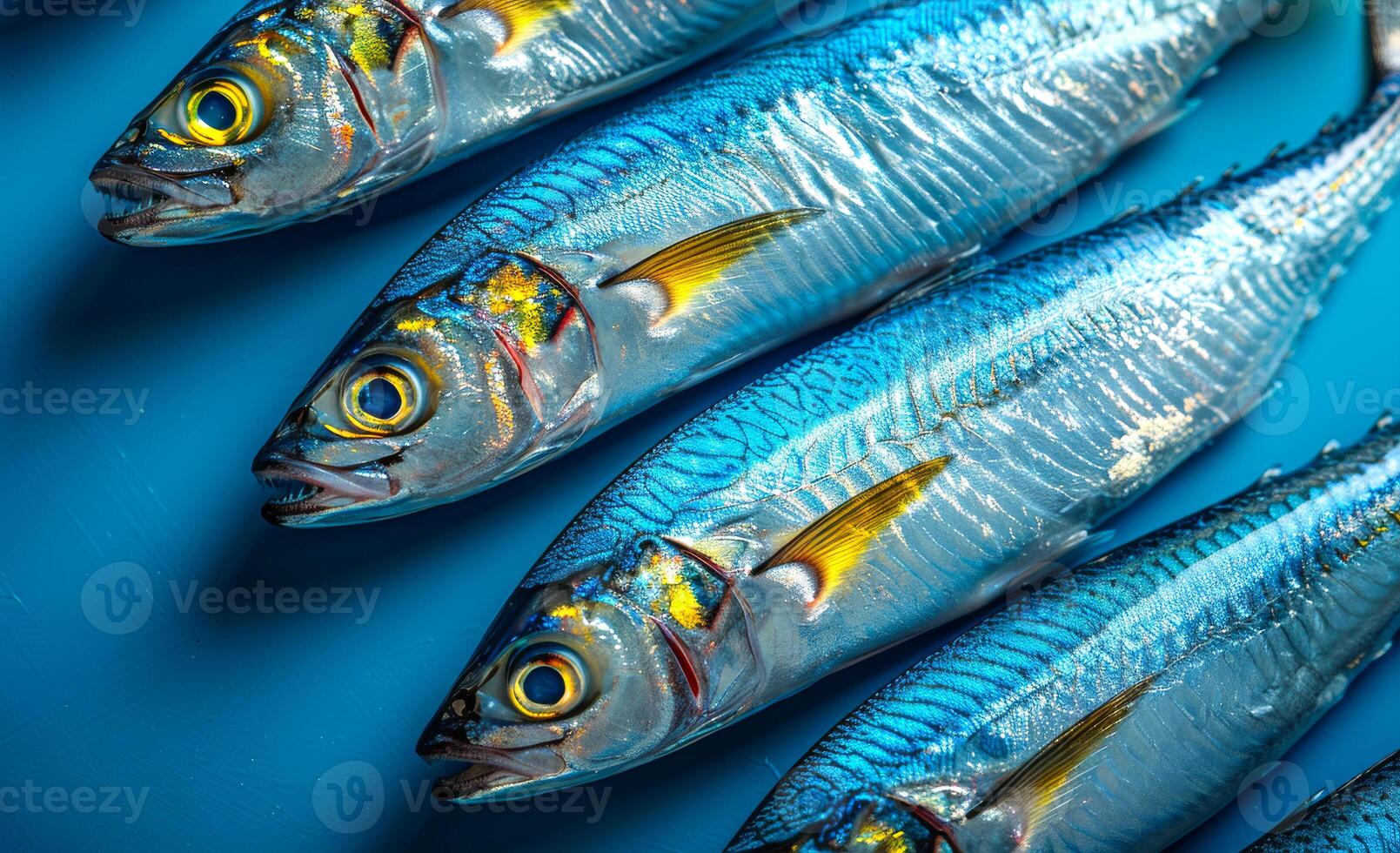 A row of fish are displayed on a blue background. The fish are blue and yellow, and they are arranged in a neat row photo
