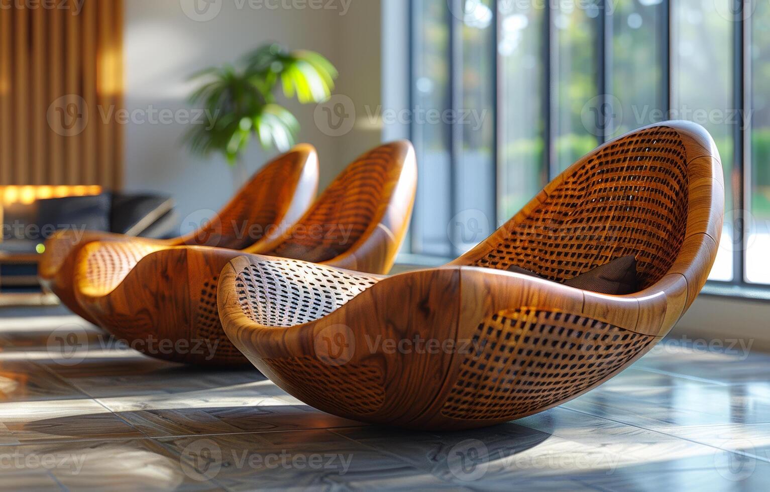 Three wooden chairs are arranged in a room with a large window. The room has a modern and minimalist feel photo