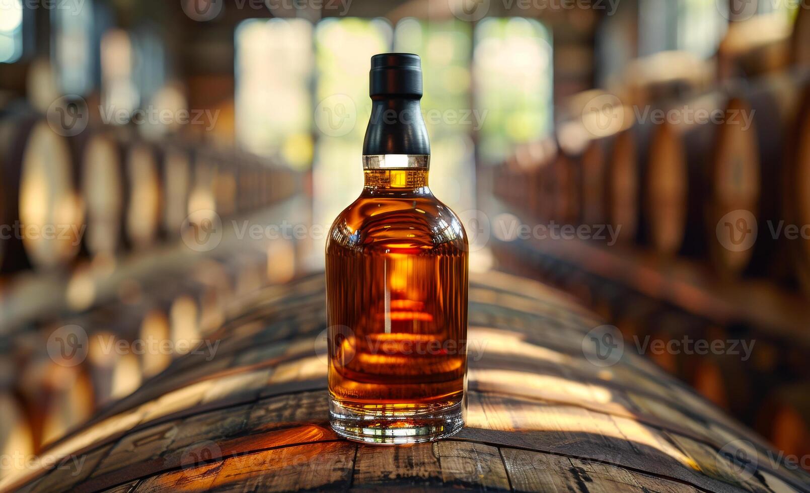 A bottle of whiskey is sitting on a wooden barrel. The bottle is surrounded by wooden barrels, which give the scene a rustic and cozy atmosphere photo