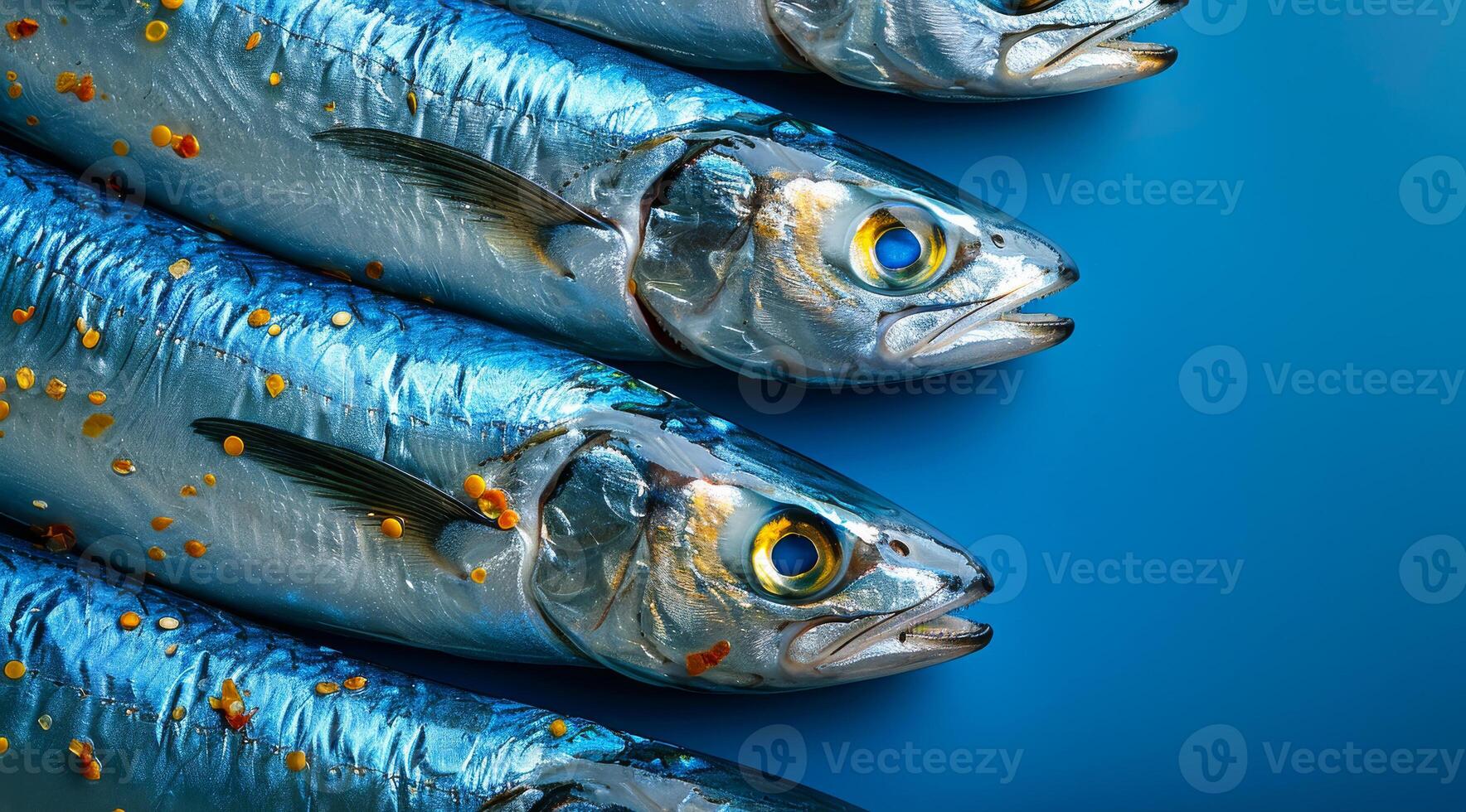 A group of fish with a blue background. The fish are all different sizes and are arranged in a row photo