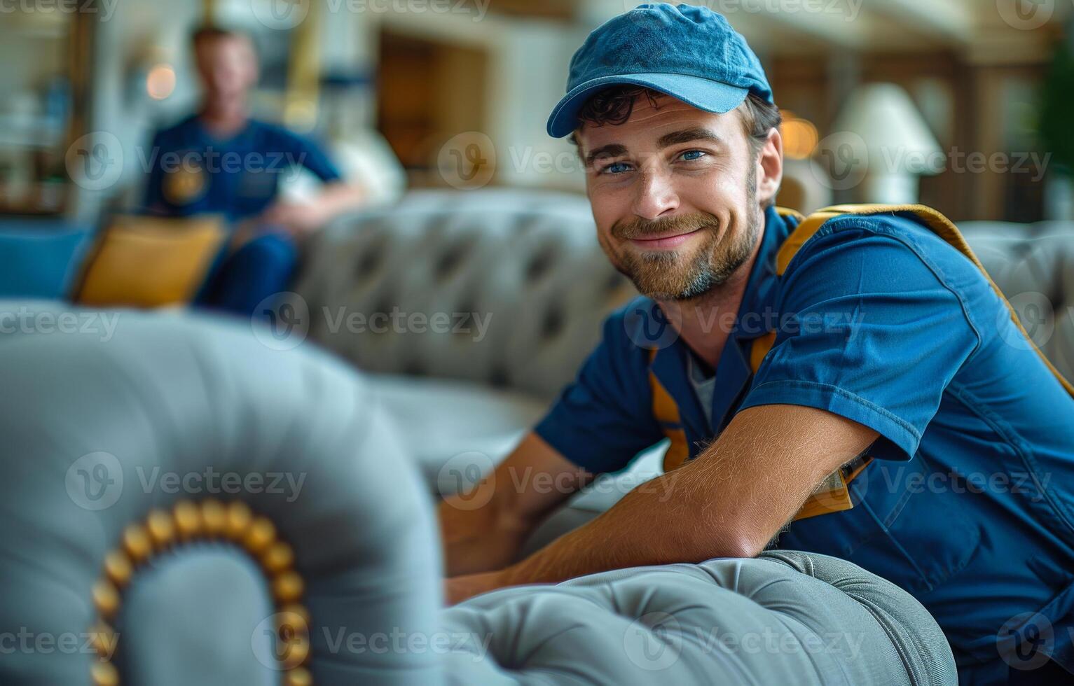 A man in a blue shirt is smiling and leaning on a couch. He is wearing a blue hat and a backpack photo