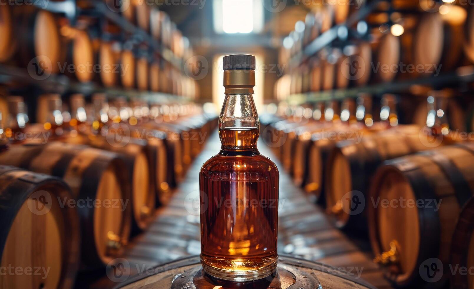 A bottle of whiskey is sitting on a wooden table in a room filled with barrels. The bottle of whiskey is the focal point of the scene photo