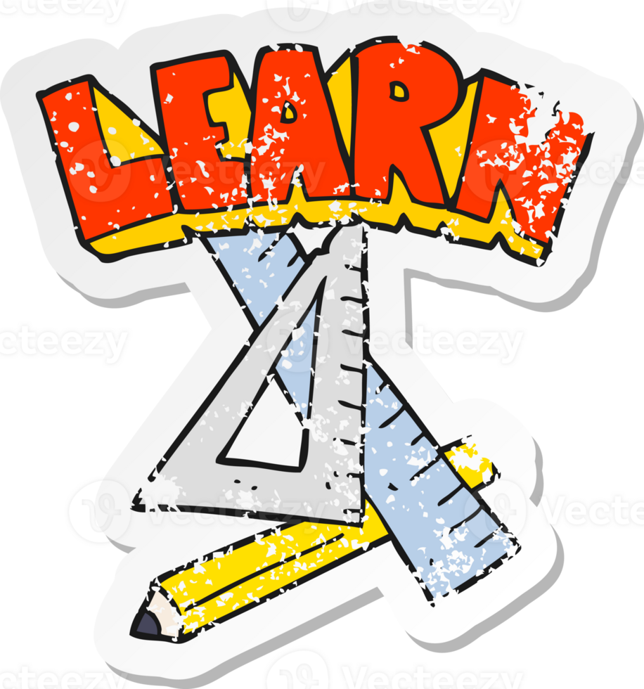 retro distressed sticker of a cartoon pencil and ruler under Learn symbol drawing png