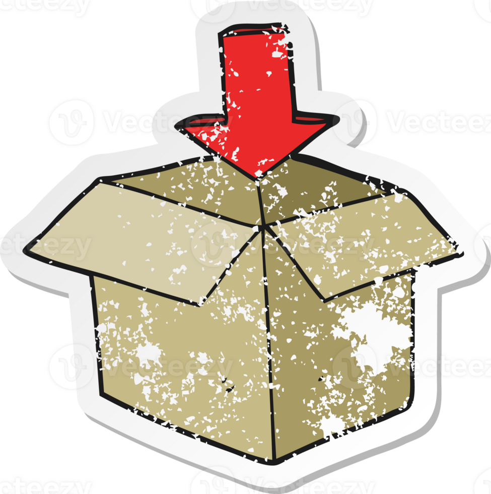 retro distressed sticker of a cartoon box with arrow download storage symbol drawing png
