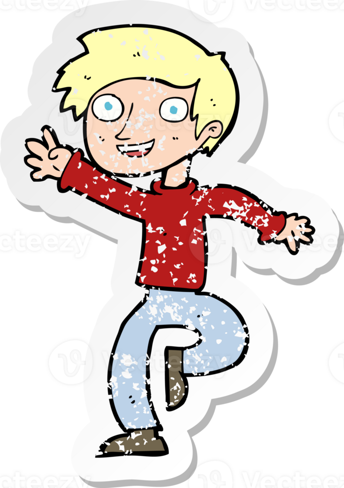 retro distressed sticker of a cartoon excited boy dancing drawing png