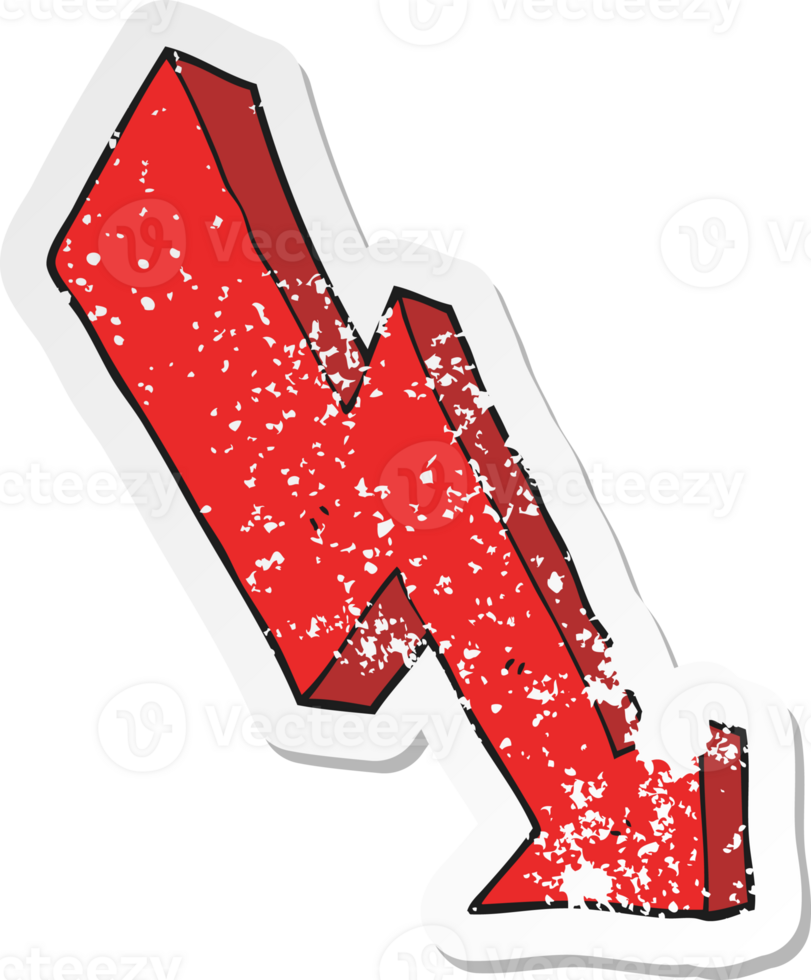 retro distressed sticker of a cartoon arrow down trend drawing png