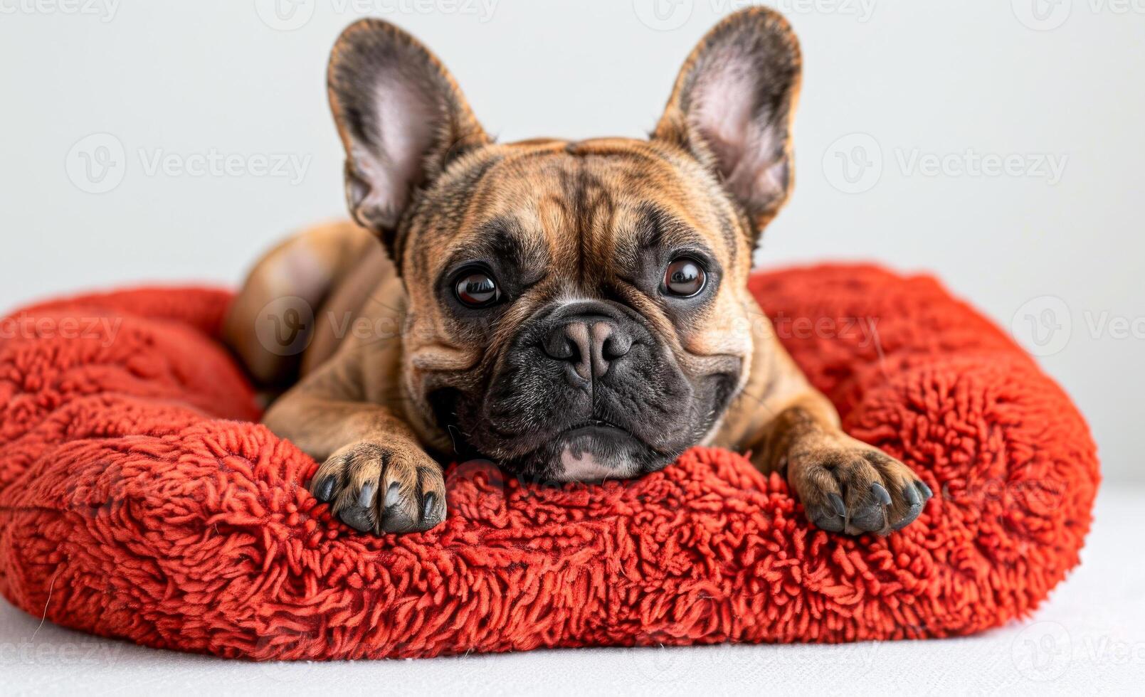 A brown and white dog is laying on a red bed. The dog has a happy expression on its face photo