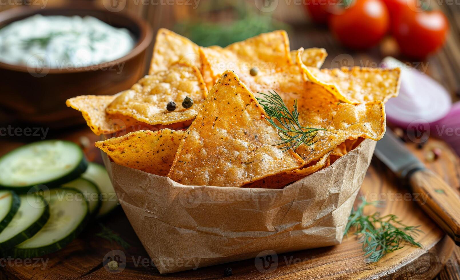 A bag of tortilla chips with cucumber slices and a bowl of guacamole photo