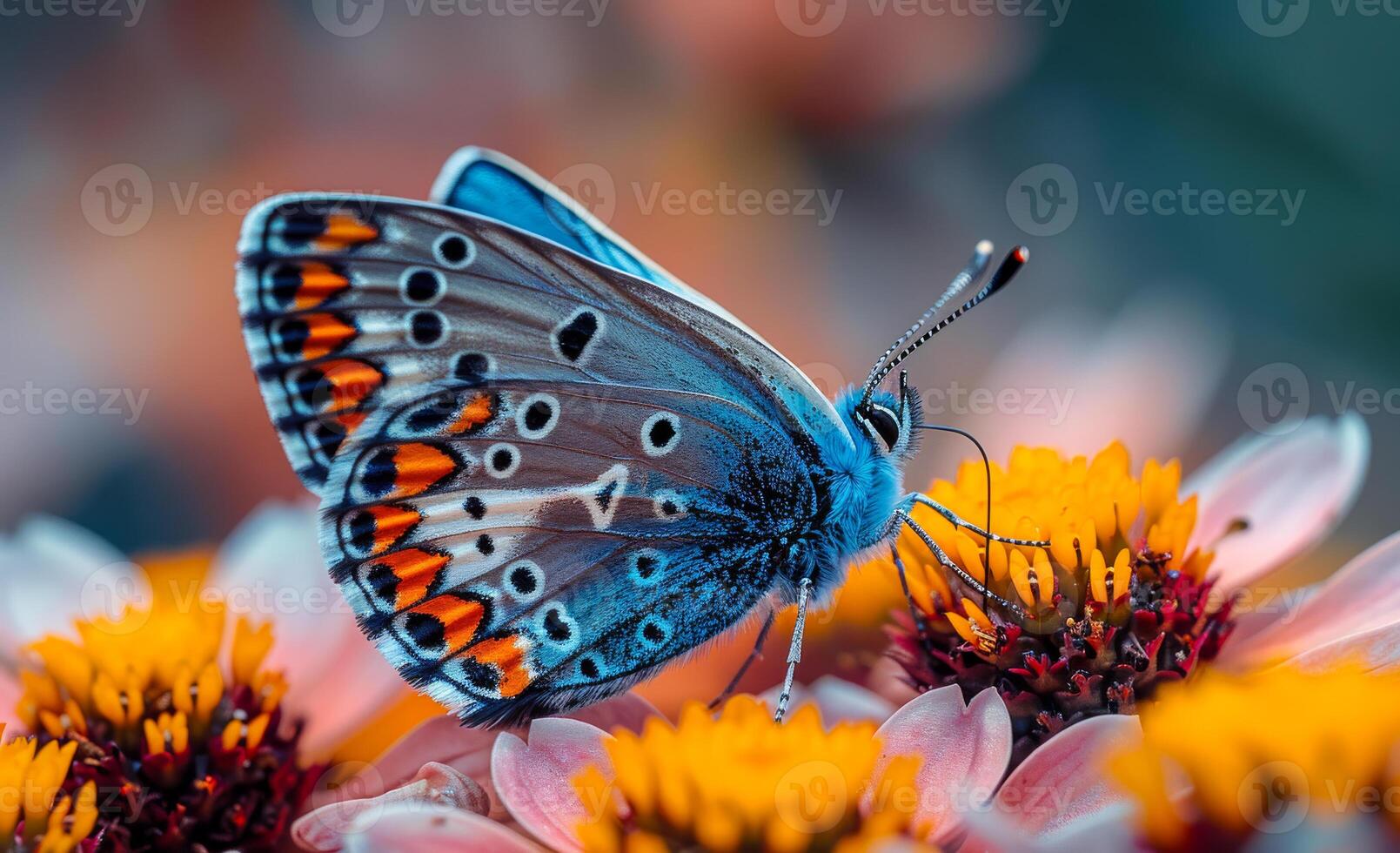 A blue butterfly is sitting on a flower. The flower is orange and pink photo