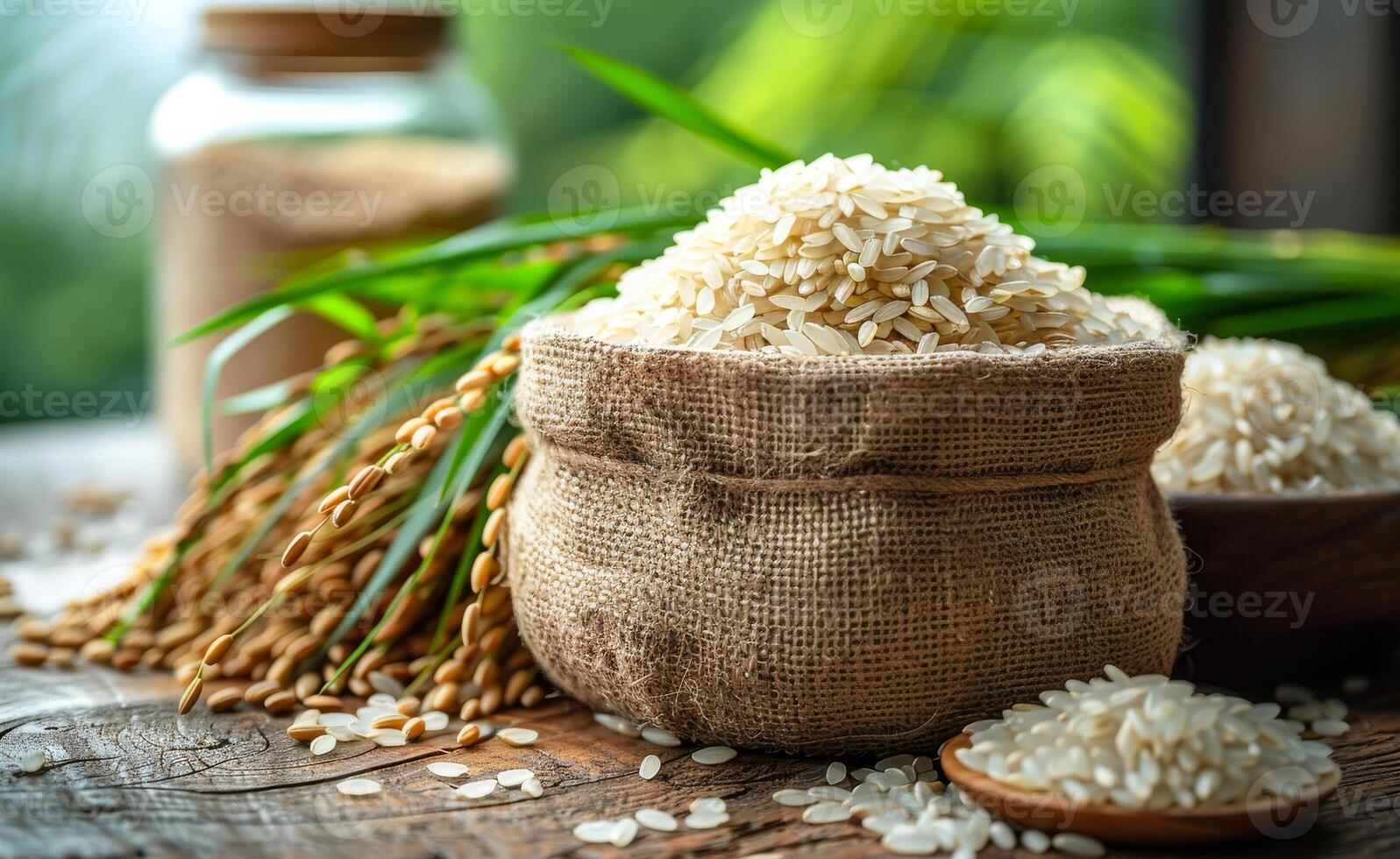 A bag of rice is sitting on a wooden table with a bunch of rice on the table photo