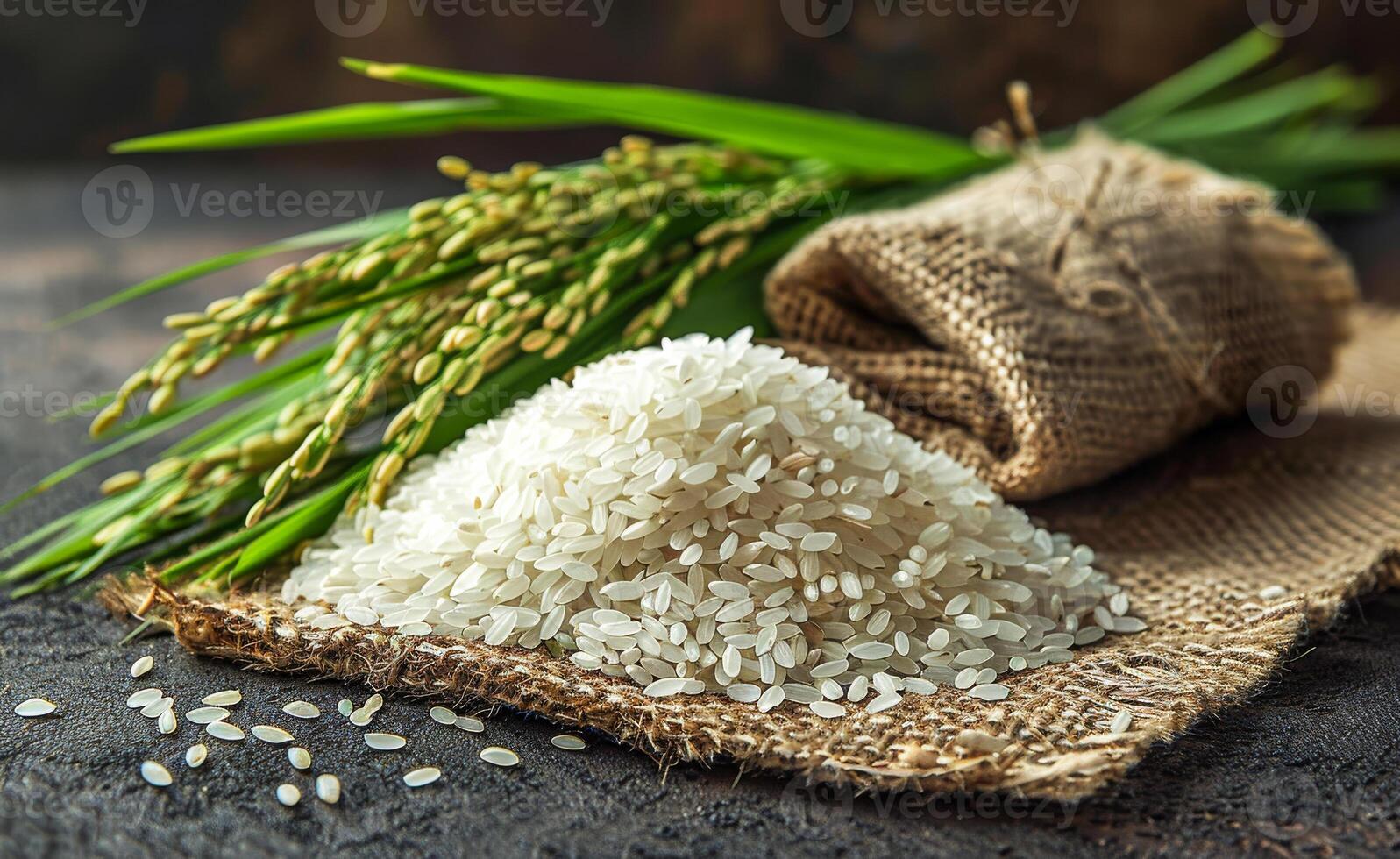 A pile of white rice is on a table next to some green leaves photo