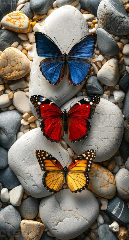 Three butterflies are perched on a rock. The butterflies are blue, red, and yellow. The rock is gray and white photo