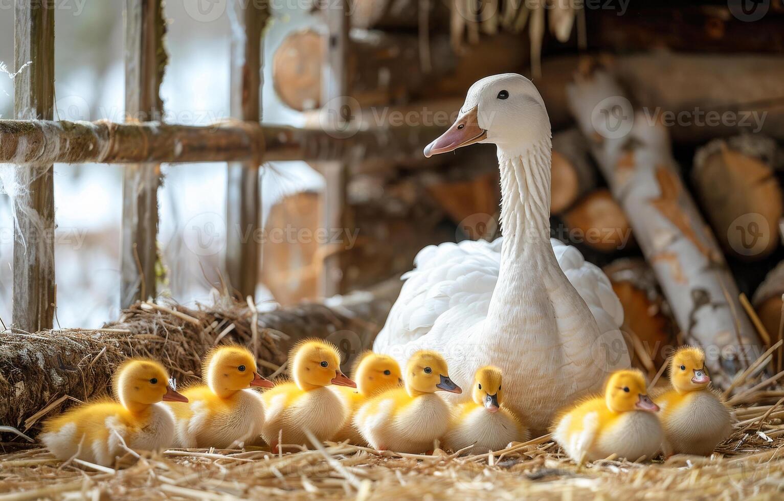 A mother duck and her ducklings are sitting on a straw bed photo