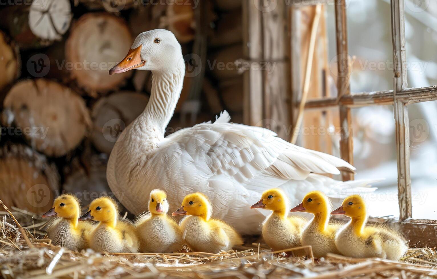 A mother duck and her ducklings are sitting in a straw-filled pen photo