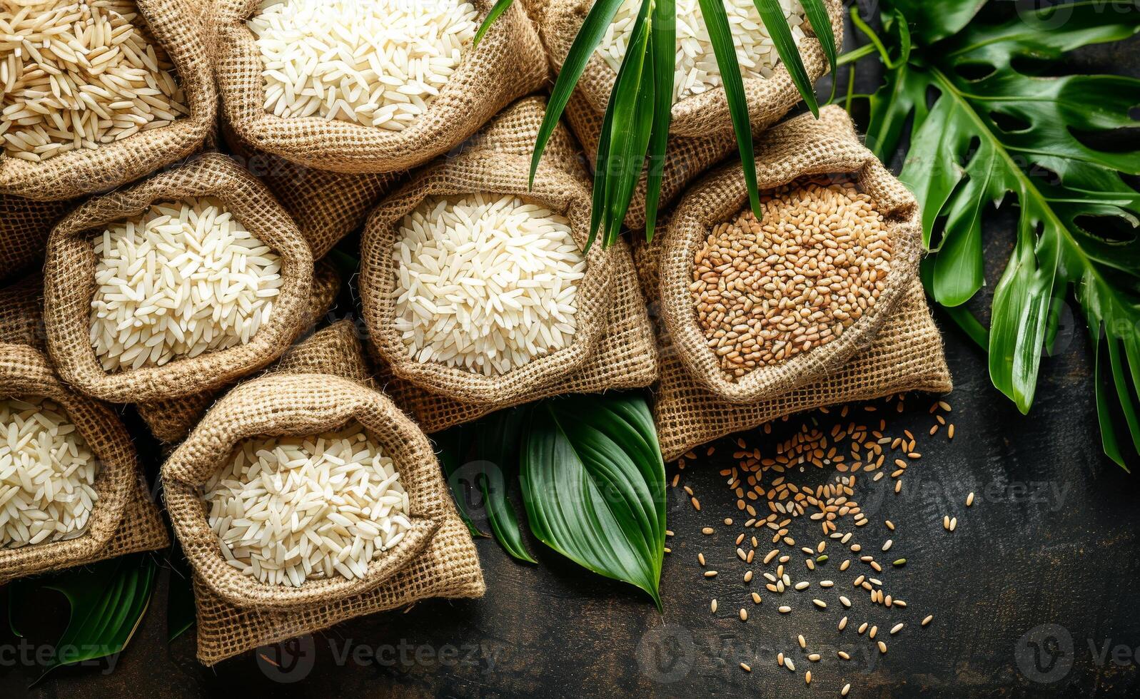A bunch of bags of rice and other grains are displayed on a table photo