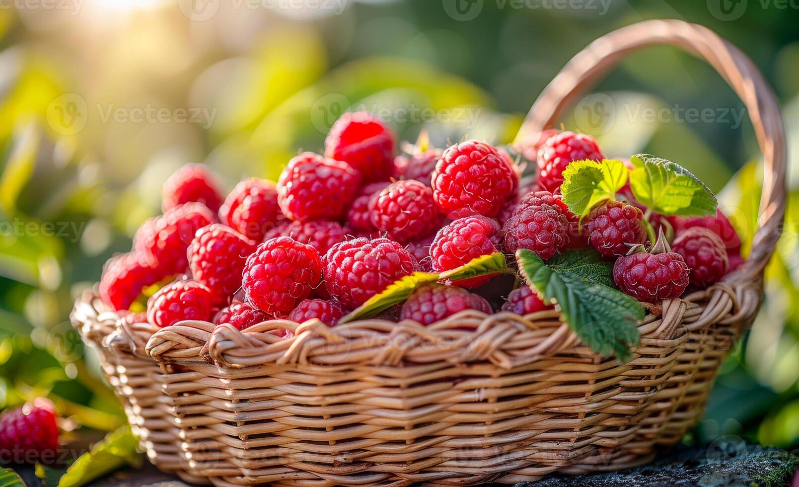 A basket full of red raspberries. The basket is woven and the raspberries are ripe and ready to eat photo