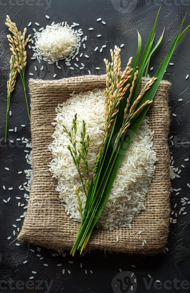A bag of rice is on a table with some green plants photo