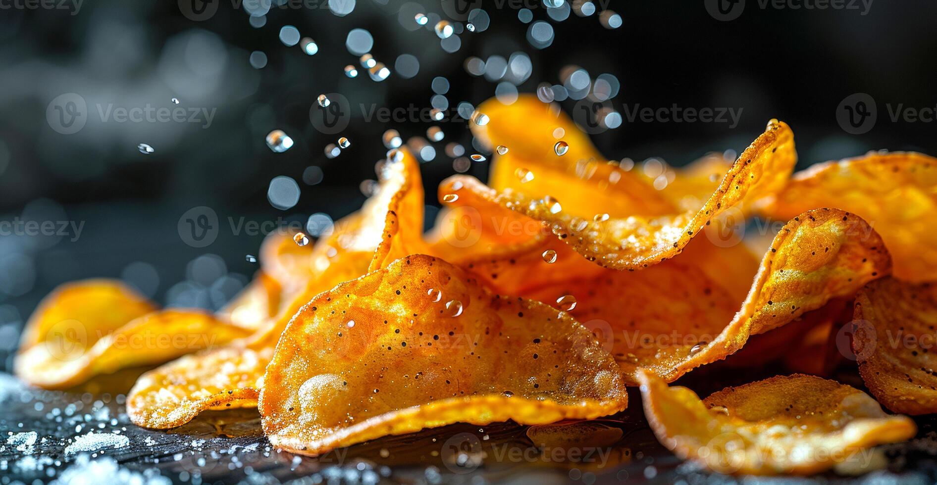 A pile of salty, crunchy potato chips. The chips are sprinkled with salt and pepper, and they are piled on top of each other photo