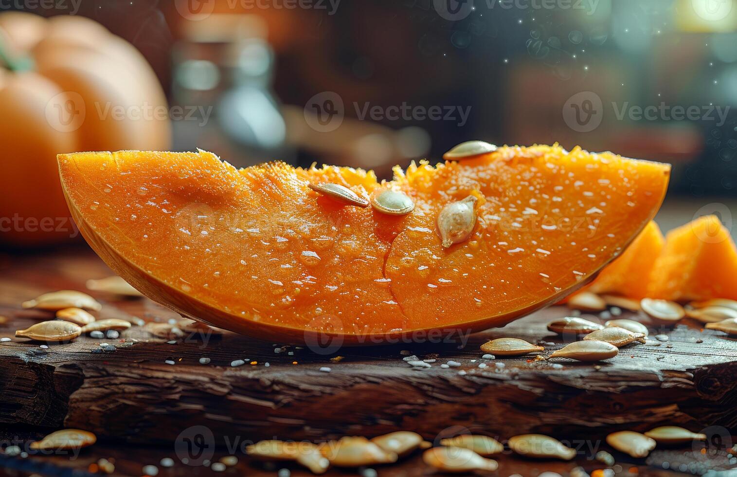 A slice of orange with seeds on a wooden table. The orange is cut in half and the seeds are scattered around it photo