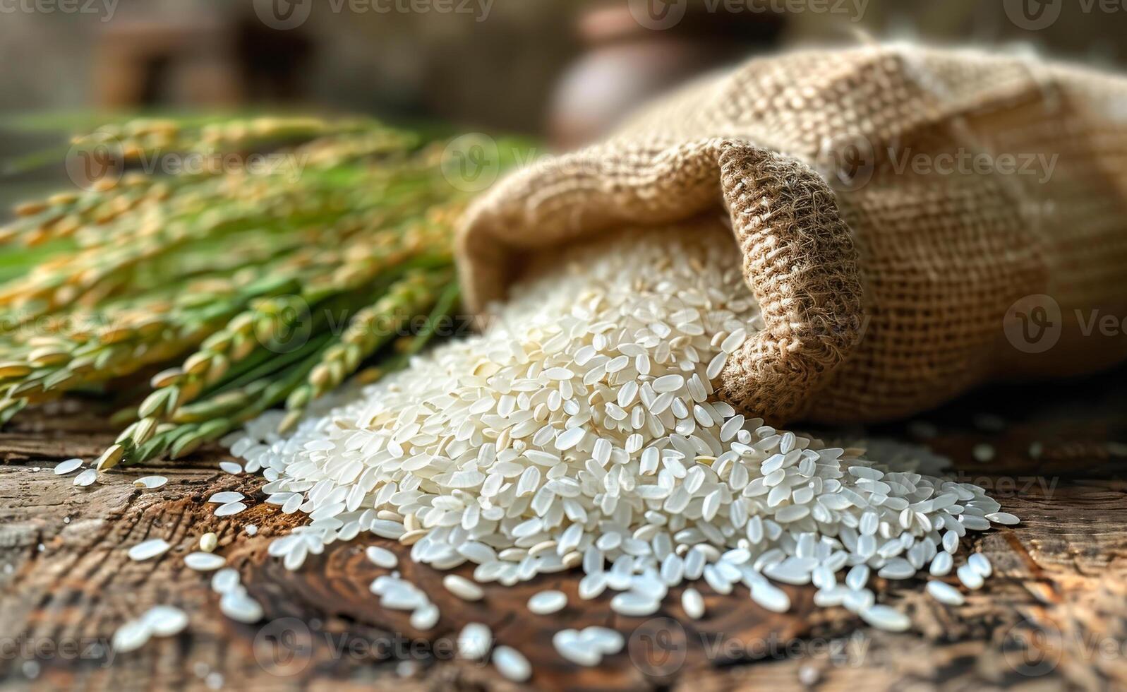 A bag of rice is on a wooden table with a bunch of rice on the table photo