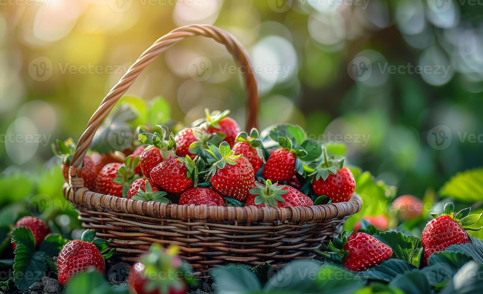 A basket full of red strawberries on a green background. The basket is woven and the strawberries are ripe and ready to eat photo