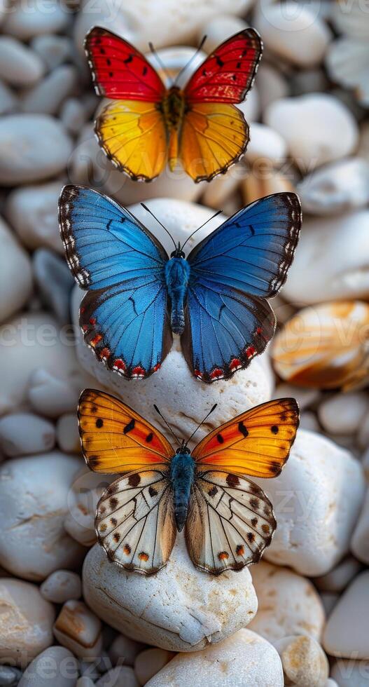 Three butterflies are sitting on a rock, one blue, one yellow, and one orange photo
