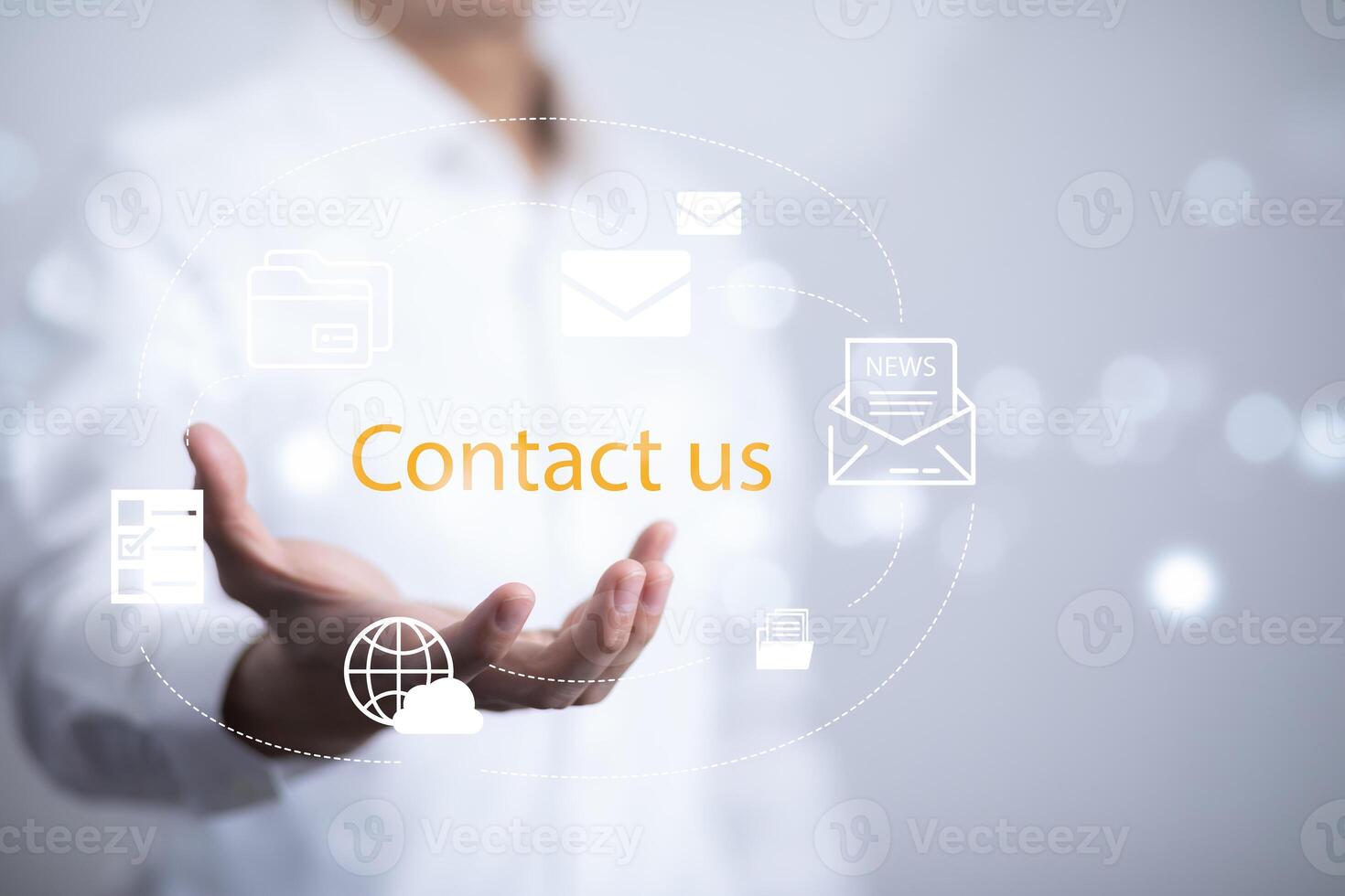Communication and Contact us or Customer support hotline people connect. Hand using a laptop and touching on virtual screen contact icons, email and address, live chat with internet wifi. photo