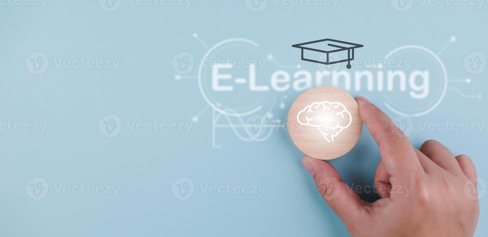 E-learning program certificate and online education learning workshop training.Male and female students icons virtual screen and lesson online classes on the internet. photo