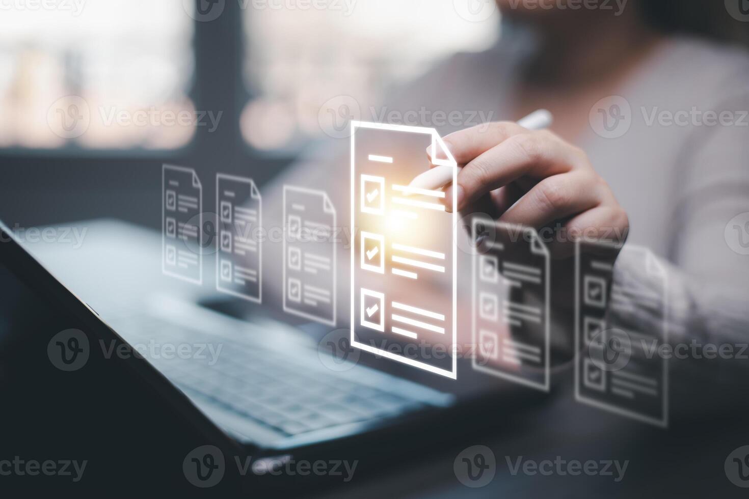 checklist and clipboard task documentation management, business people working laptop checklist questionnaire assessment form, online survey online exam Choosing the right answer in the exam photo