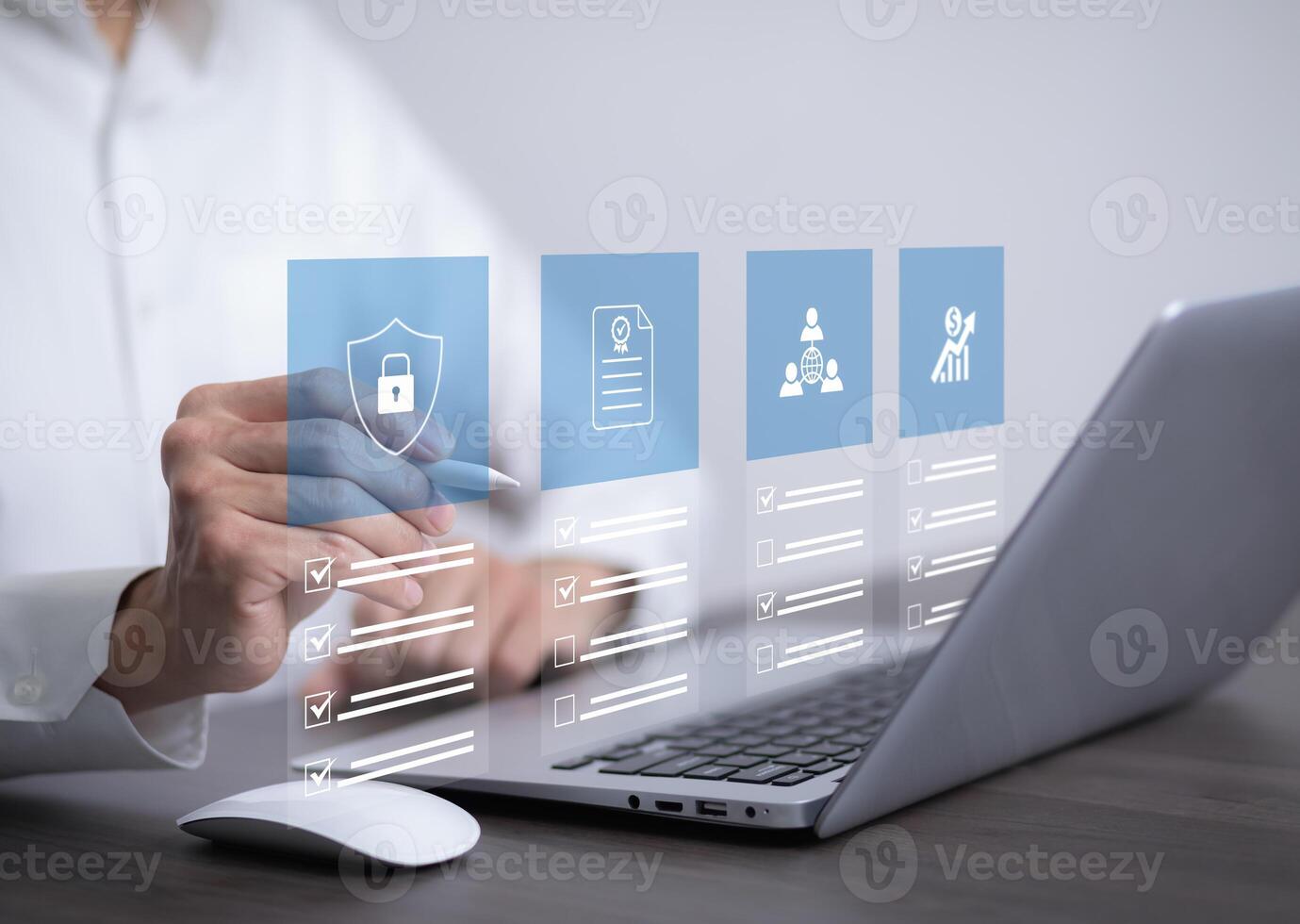 Quality assurance of business services, businessman Hand hold shows the sign of the top service Quality assurance, Guarantee, Standards, ISO certification and standardization concept. photo